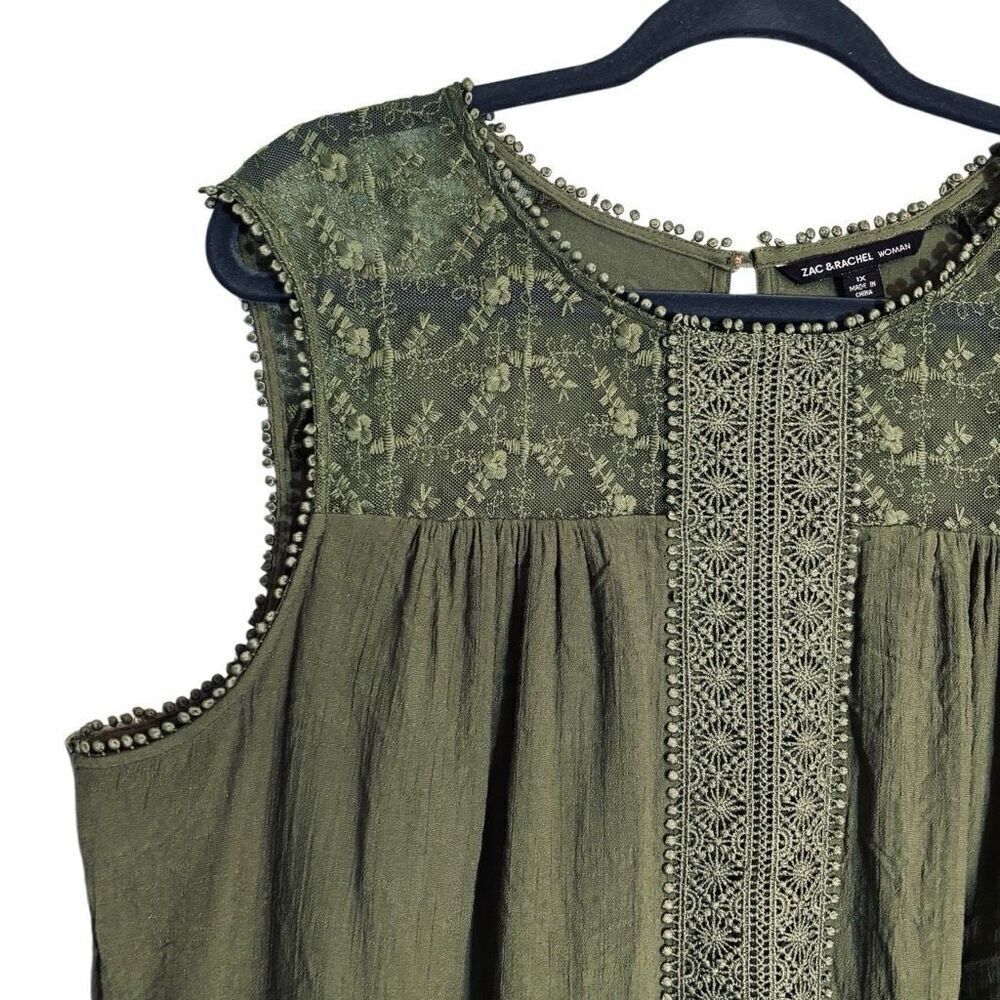 Zac & Rachel Woman 1X lined green dress lace accents sleeveless boho
